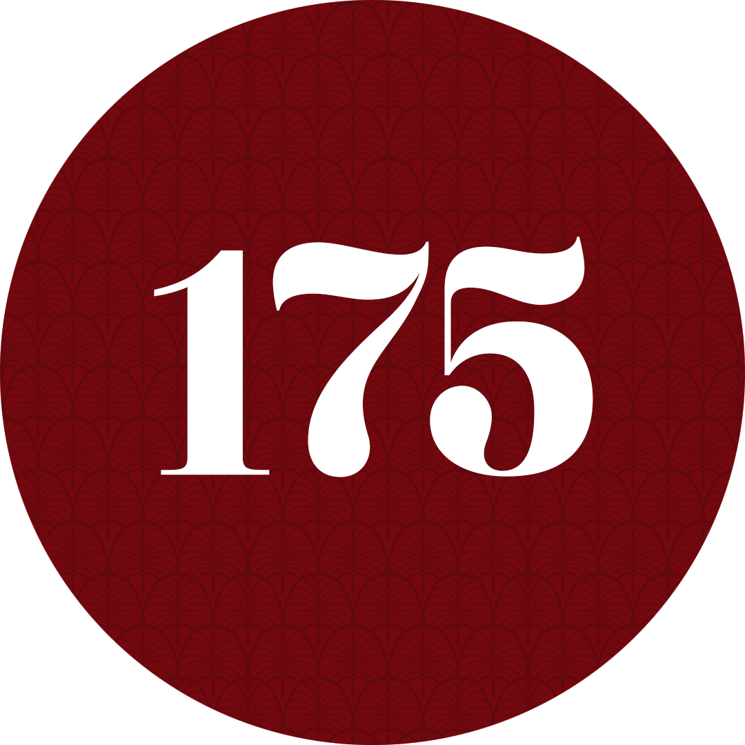 Number 175 in large white letters on palm leaf patterned garnet background